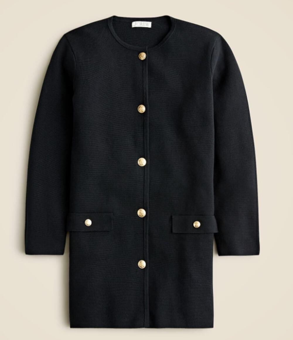 J Crew Long Giselle Sweater Blazer Black Gold Button Medium 100% Cotton